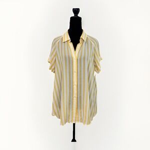 7 For All Mankind Shirt Womens Sm Lemon Yellow White Striped Short Sleeve Button